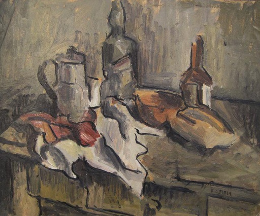 [9732] Still life with coffeepot, bottles and bread